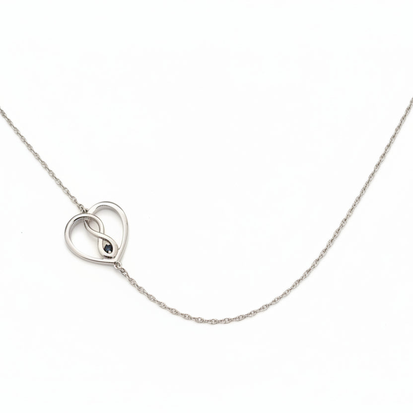 925 Sterling Silver Sapphire Infinity Heart Side Necklace – Fixed Station Design