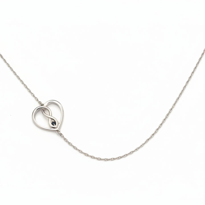925 Sterling Silver Sapphire Infinity Heart Side Necklace – Fixed Station Design