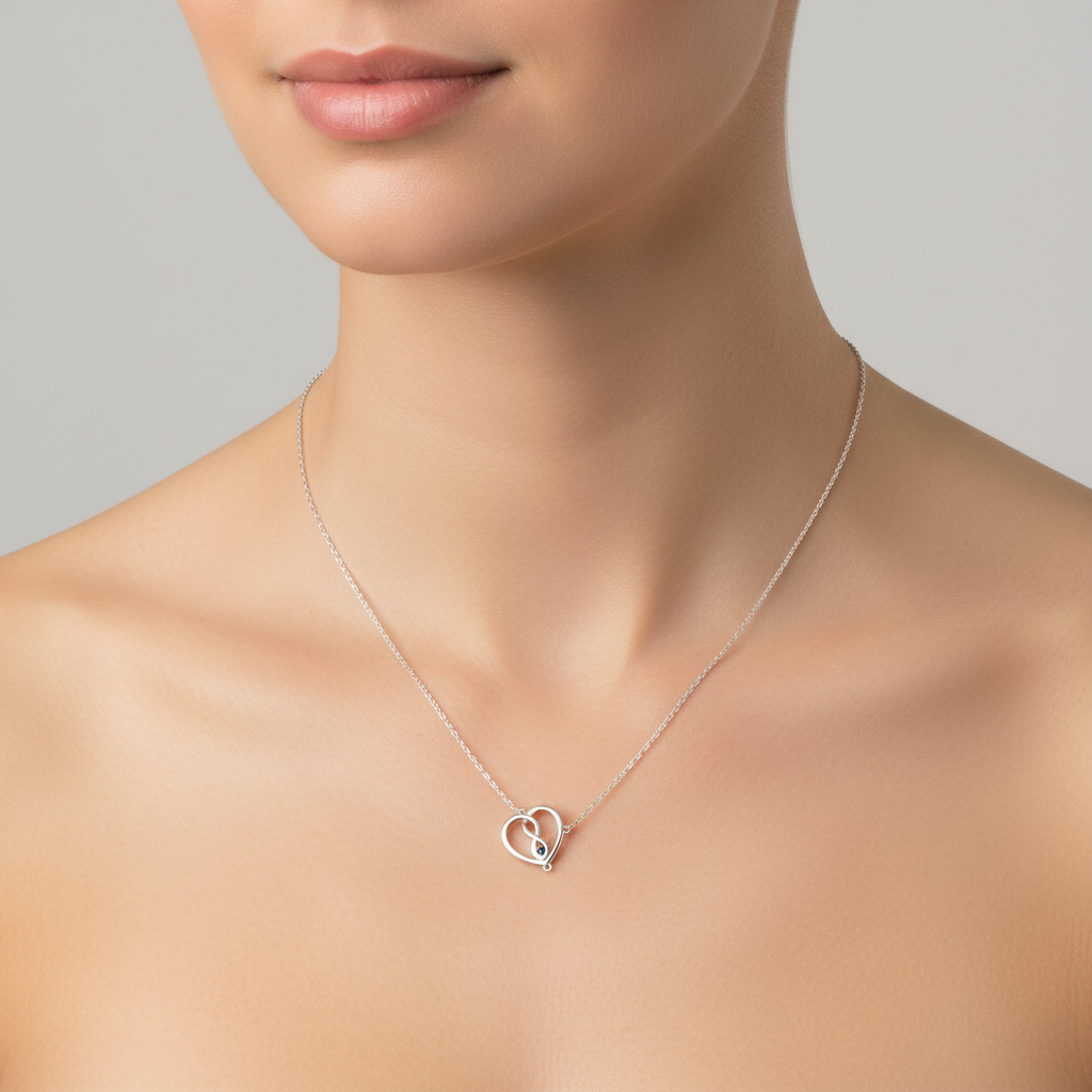 925 Sterling Silver Sapphire Infinity Heart Side Necklace – Fixed Station Design