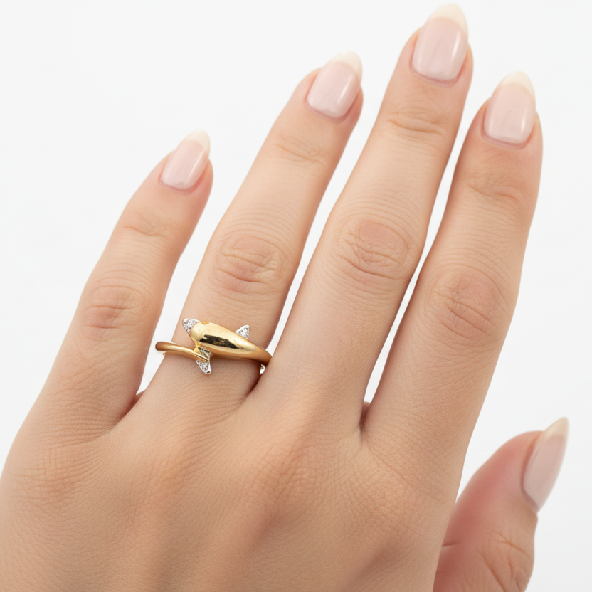 10k Yellow Gold Diamond Setting Dolphin Ring, TDW: 0.014ct SI I