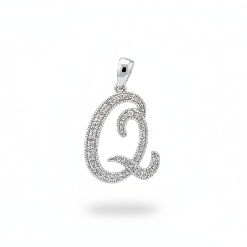 14K White Gold letter "Q" Initial Diamond Pendant
