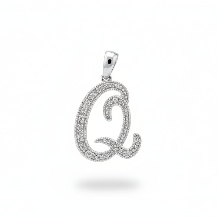 14K White Gold letter "Q" Initial Diamond Pendant