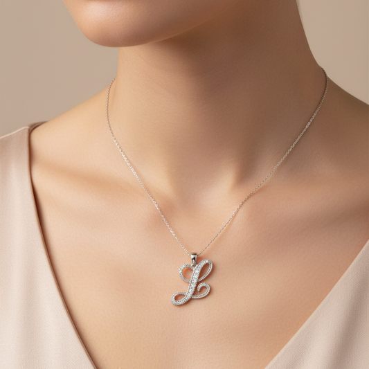 14K White Gold letter "L" Initial Diamond Pendant