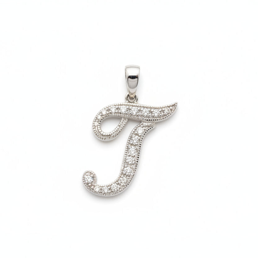 14K White Gold letter "J" Initial Diamond Pendant