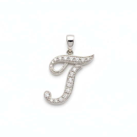 14K White Gold letter "J" Initial Diamond Pendant