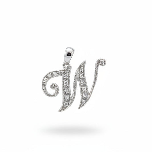 14K White Gold letter "W" Initial Diamond Pendant