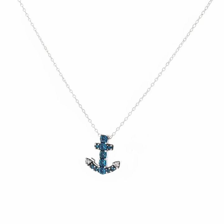 925 Sterling Silver Blue CZ Anchor Pendant Necklace