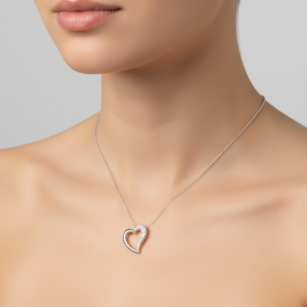 925 Sterling Silver Diamond Open Heart Station Necklace