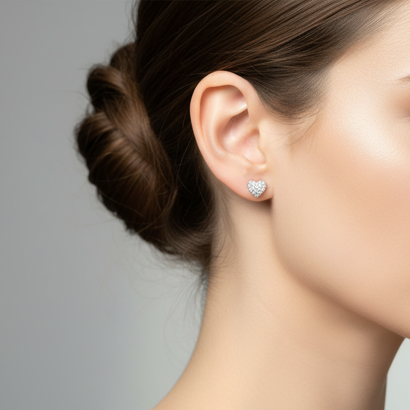925 Sterling Silver Heart Shape with CZ Stud Earrings