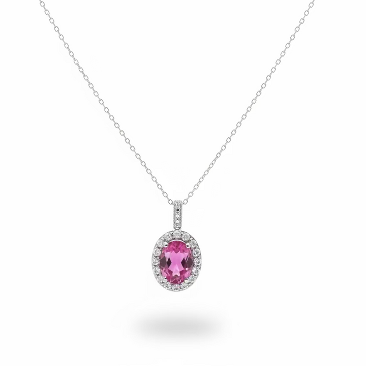 925 Sterling Silver Oval Cut Pink Cubic Zirconia Halo Necklace