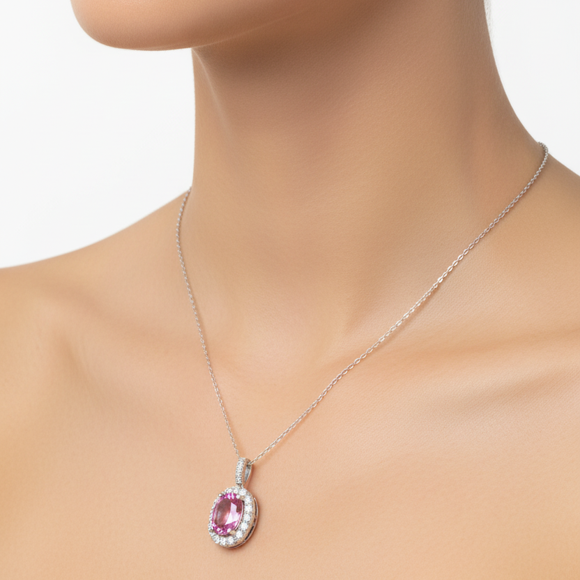 925 Sterling Silver Oval Cut Pink Cubic Zirconia Halo Necklace