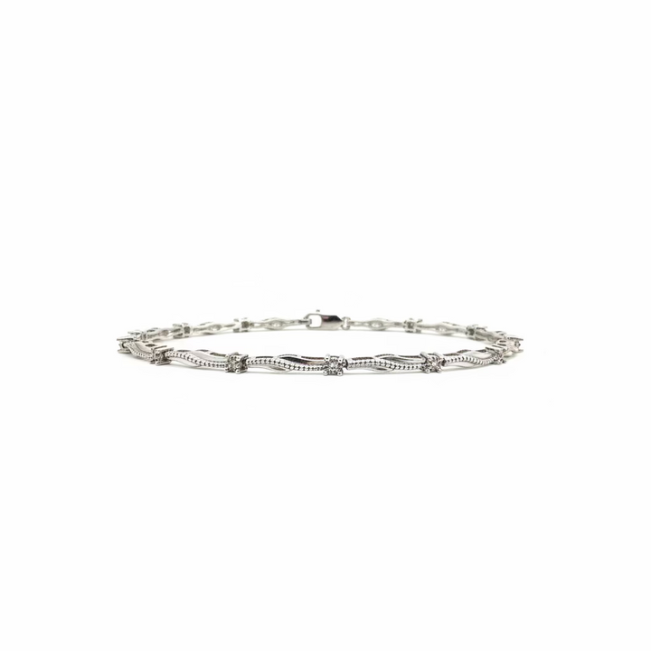 925 Sterling Silver Wave Link Bracelet with Cluster Stations