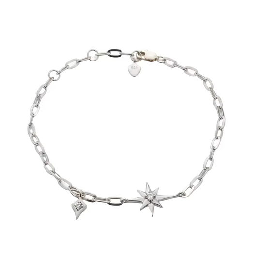 925 Sterling Silver CZ Starburst Charm Paperclip Bracelet
