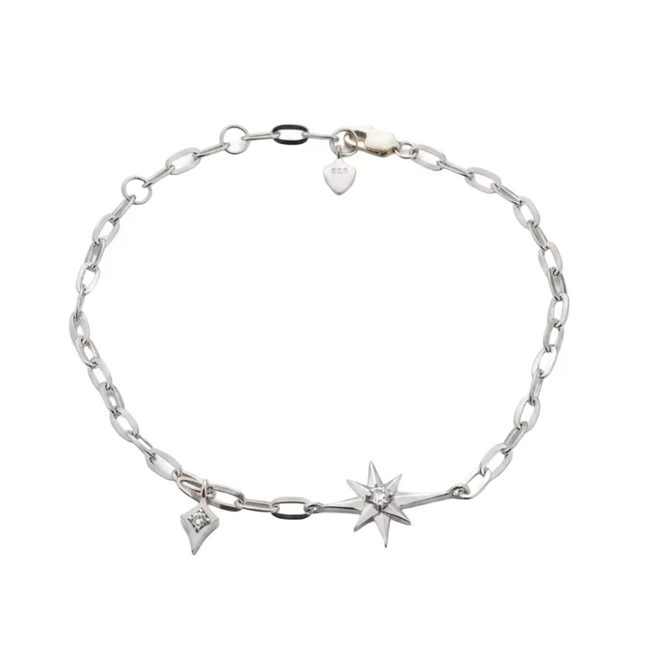 925 Sterling Silver CZ Starburst Charm Paperclip Bracelet