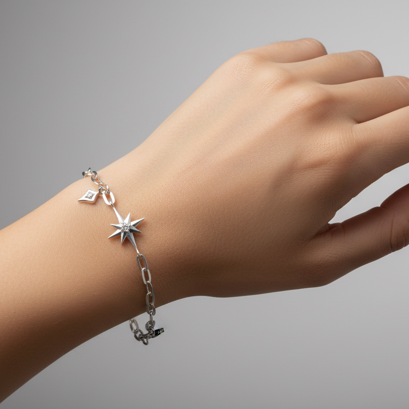 925 Sterling Silver CZ Starburst Charm Paperclip Bracelet