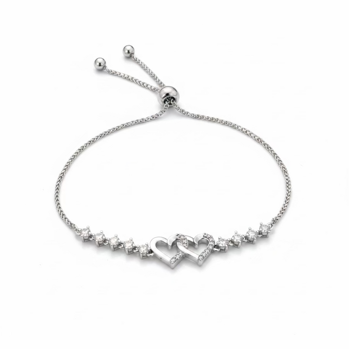 925 Sterling Silver CZ Adjustable Bolo Bracelet with Interlocking Hearts