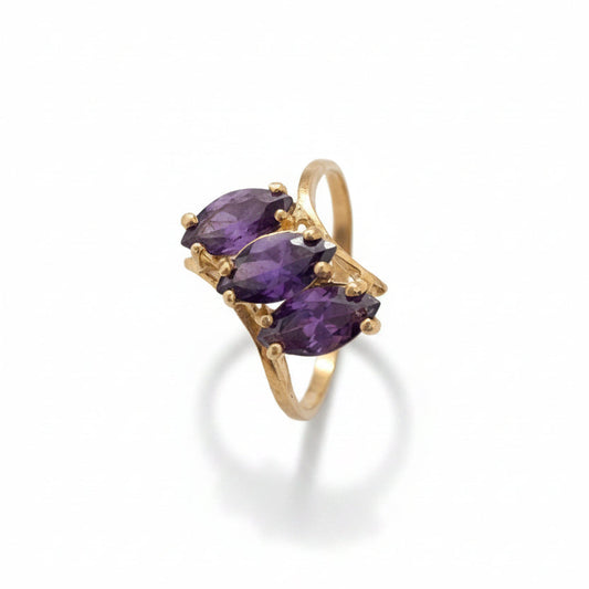 10K Yellow Gold Three-Stone Marquise Amethyst Ring