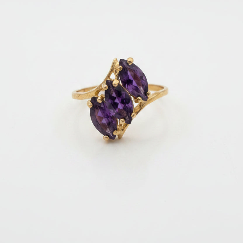 10K Yellow Gold Three-Stone Marquise Amethyst Ring