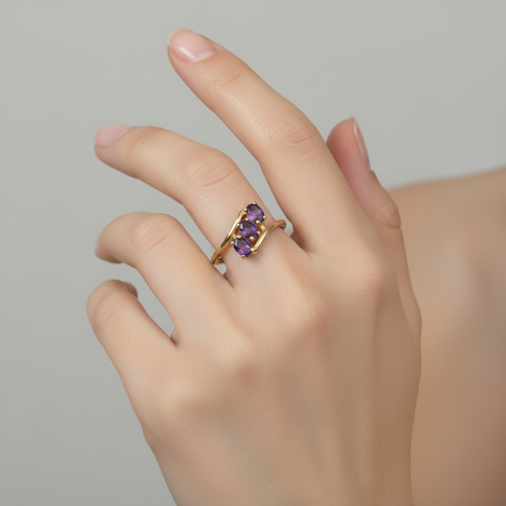 10K Yellow Gold Three-Stone Marquise Amethyst Ring