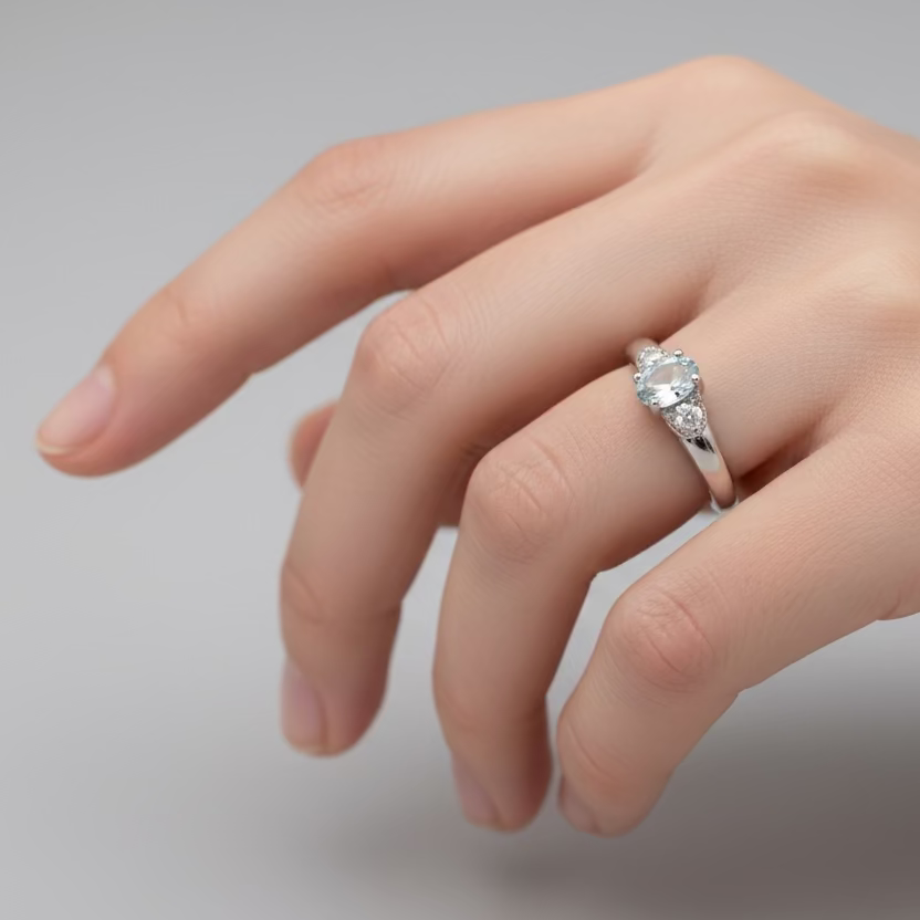 10K White Gold Oval-Cut Blue Topaz Ring with Pavé Diamond Accents