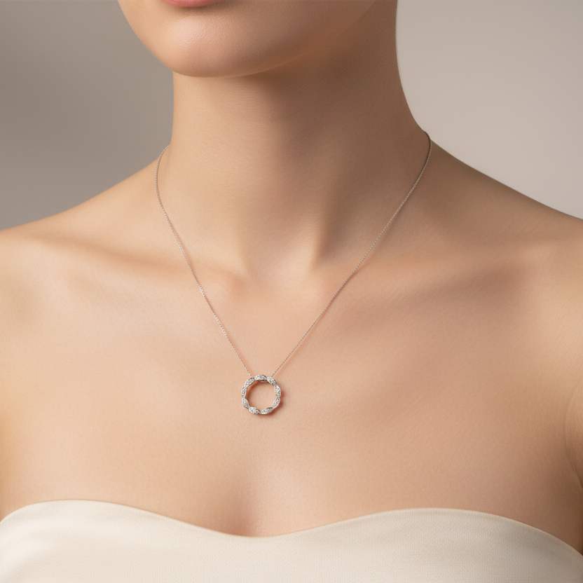 925 Sterling Silver Circle of CZ Pendant Necklace