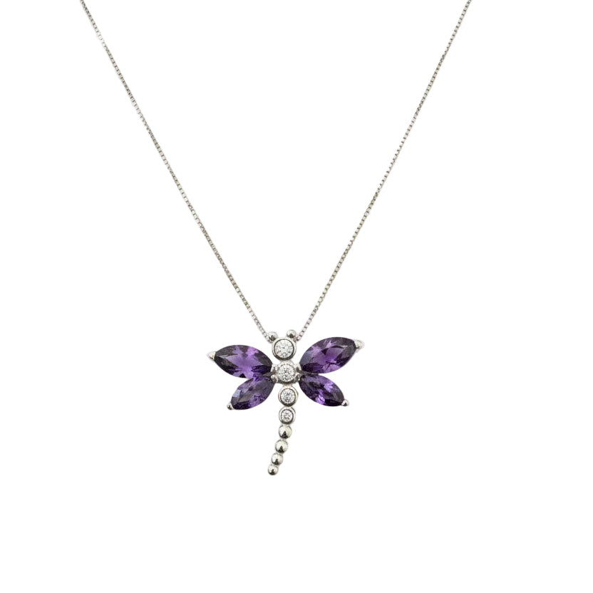 925 Sterling Silver Lavender Crystal Dragonfly Pendant Necklace
