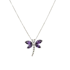 925 Sterling Silver Lavender Crystal Dragonfly Pendant Necklace
