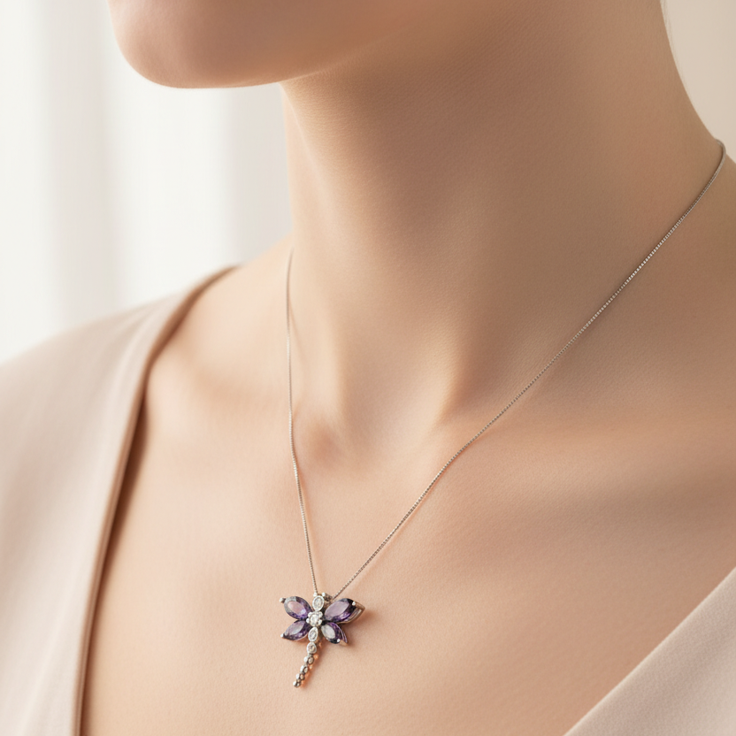 925 Sterling Silver Lavender Crystal Dragonfly Pendant Necklace