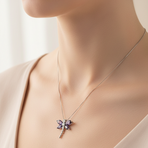 925 Sterling Silver Lavender Crystal Dragonfly Pendant Necklace