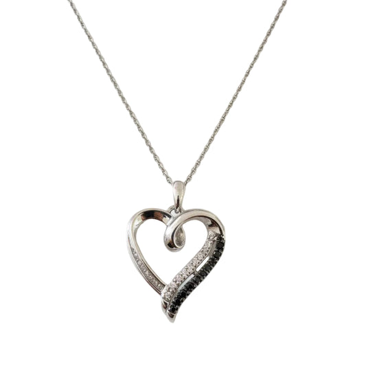 925 Sterling Silver Black and White Accent Heart Pendant Necklace