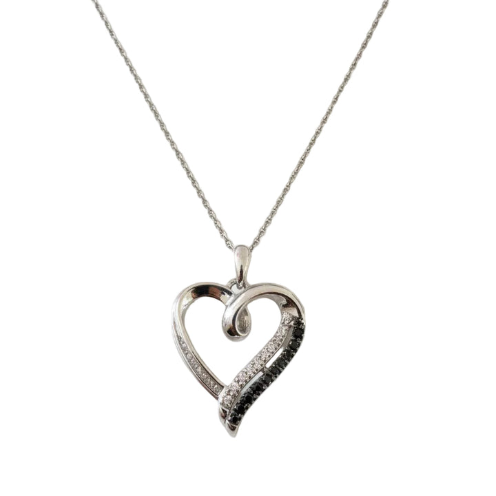 925 Sterling Silver Black and White Accent Heart Pendant Necklace