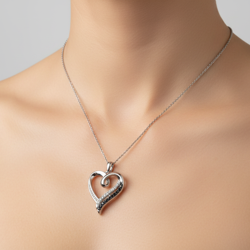 925 Sterling Silver Black and White Accent Heart Pendant Necklace