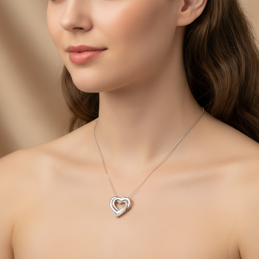 925 Sterling Triple Interlocking Hearts of CZ Pendant Necklace