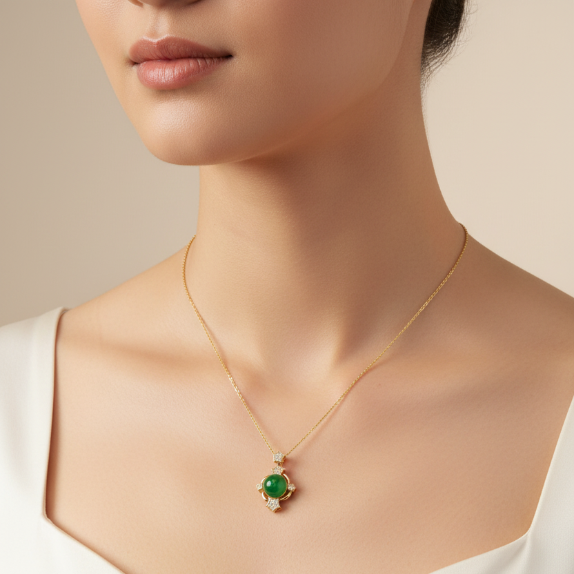 925 Sterling Silver Gold Plated Jade Pendant Necklace