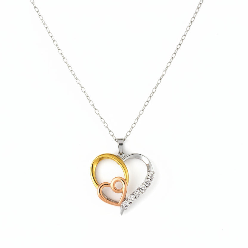 925 Sterling Silver Triple Heart with Three Tone Gold Plated Pendant Necklace