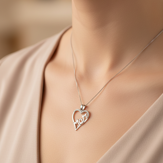 925 Sterling Silver Letter ''Mom'' with CZ Pendant Necklace