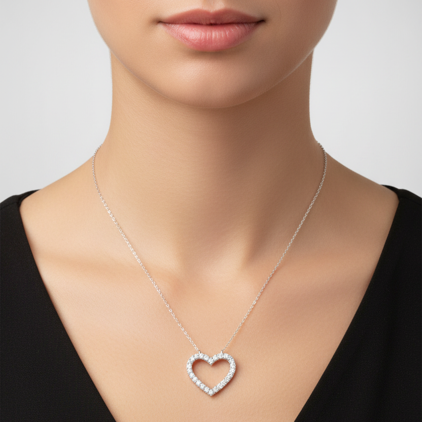 925 Sterling Silver Heart Shaped with CZ Pendant Necklace