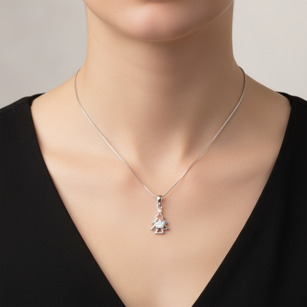 925 Sterling Silver Christmas Tree Pendant Necklace