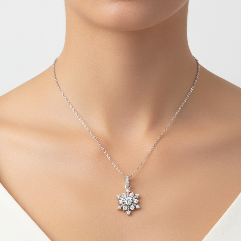 925 Sterling Silver Snowflake with CZ Pendant Necklace