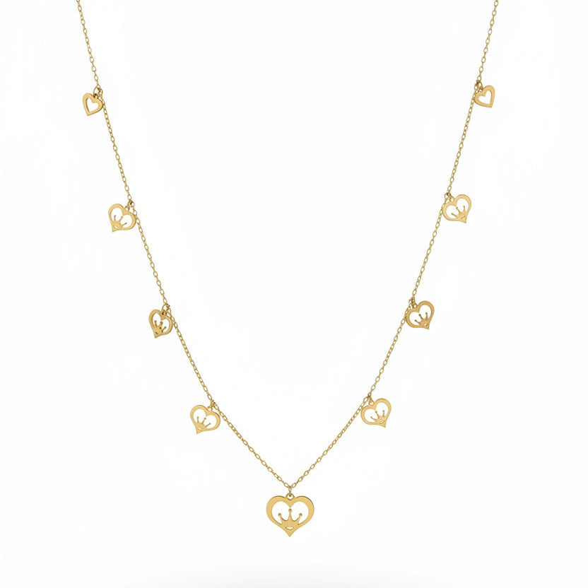 18k Yellow Gold Heart Station Necklace with Crown Accents