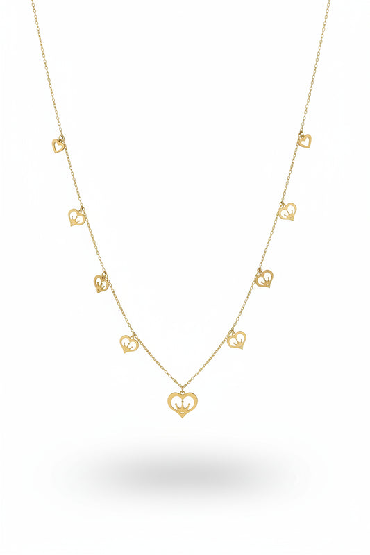 18k Yellow Gold Heart Station Necklace with Crown Accents