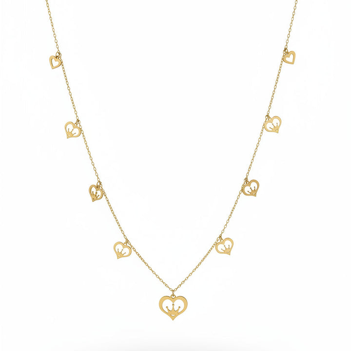18k Yellow Gold Heart Station Necklace with Crown Accents