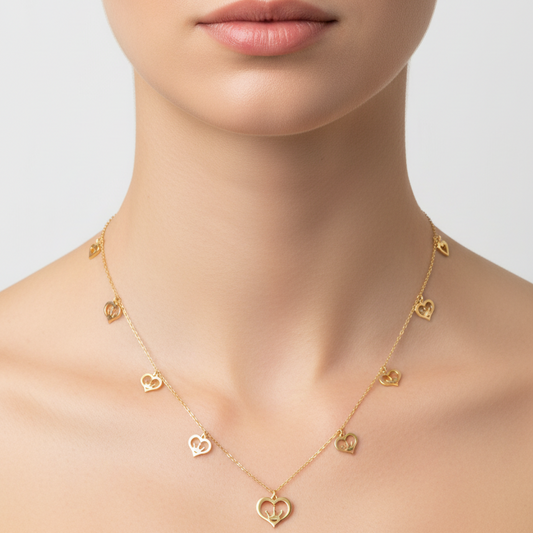 18k Yellow Gold Heart Station Necklace with Crown Accents