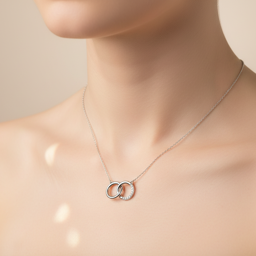 925 Sterling Silver Interlocking Circles with CZ Pendant Necklace