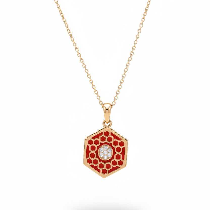 18k Yellow Gold Birks Bee Chic Medium Red Enamel and Diamond Hexagon Medallion -Resale