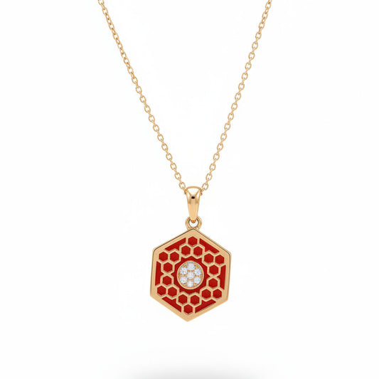 18k Yellow Gold Birks Bee Chic Medium Red Enamel and Diamond Hexagon Medallion -Resale