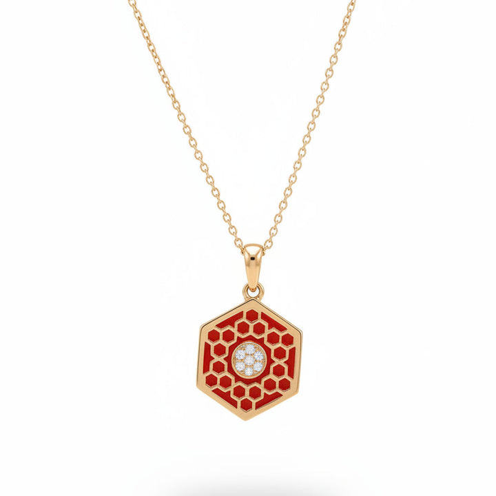 18k Yellow Gold Birks Bee Chic Medium Red Enamel and Diamond Hexagon Medallion -Resale
