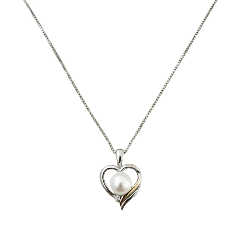 925 Sterling Silver Heart with Pearl CZ Pendant Necklace