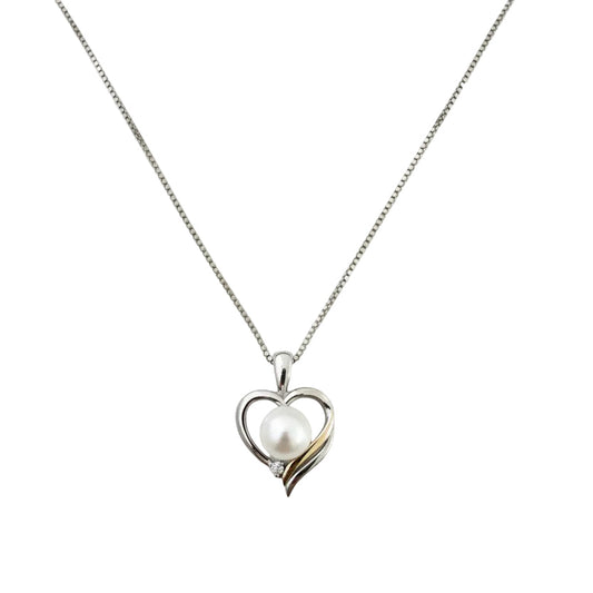 925 Sterling Silver Heart with Pearl CZ Pendant Necklace
