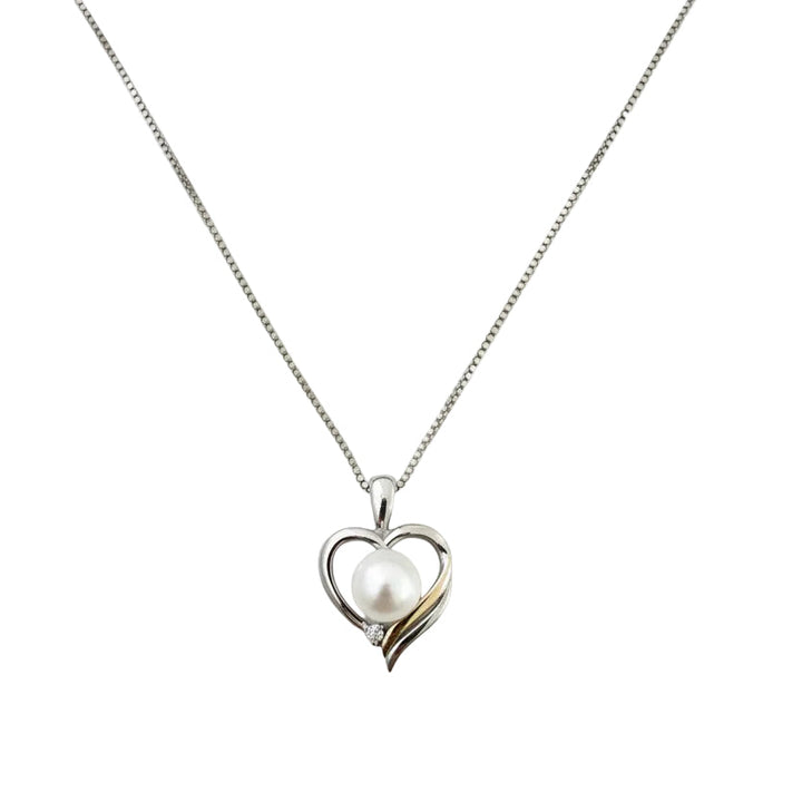 925 Sterling Silver Heart with Pearl CZ Pendant Necklace